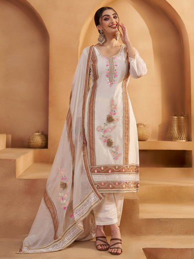Lavishing Off White Floral Embroidered Cotton Pant Suit With Dupatta